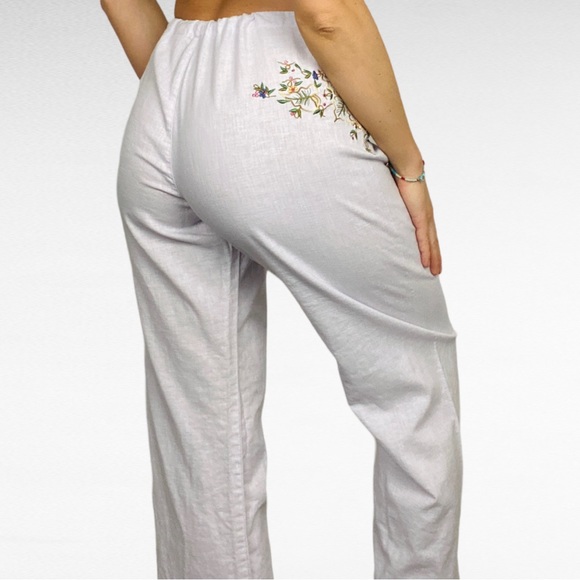 VINTAGE | BONGO Cotton White Linen Blend Embroidered Coastal Drawstring Pants - Picture 5 of 11